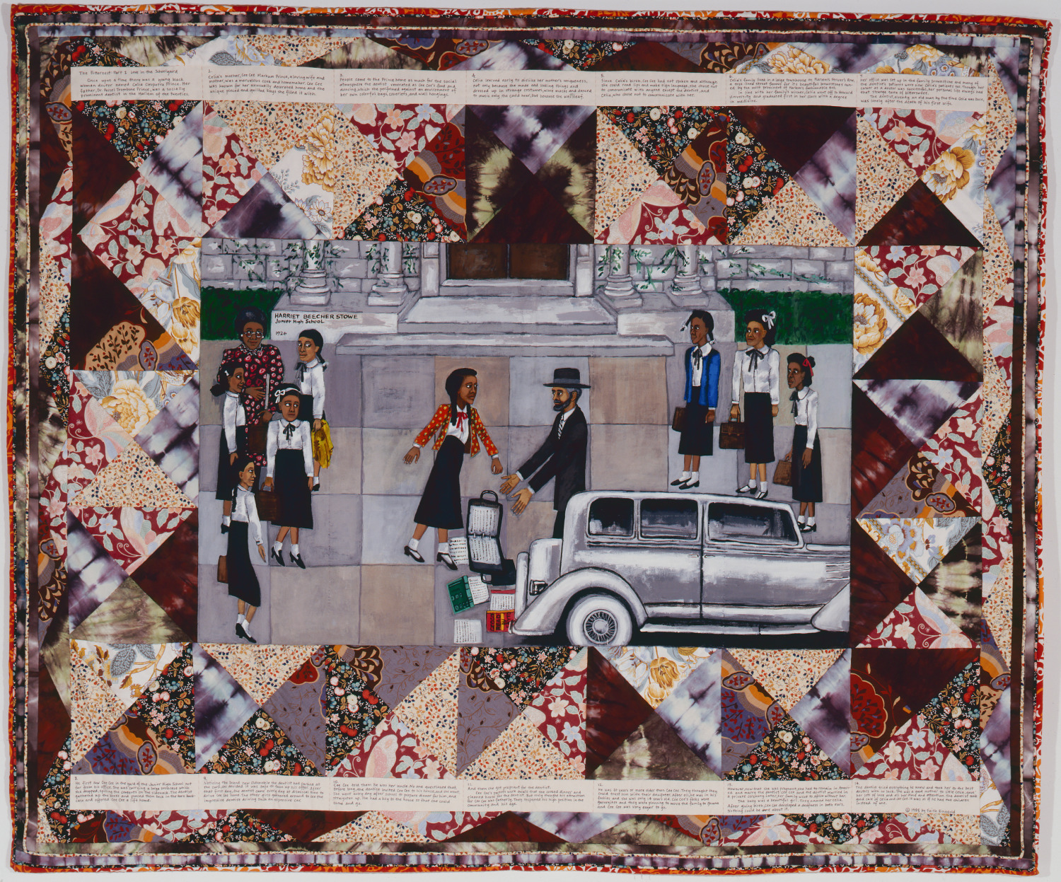 Faith Ringgold, The Bitter Nest, Part 1: Love in the School Yard (El nido amargo, Parte 1: amor en el patio de recreo), 1988. Acrylic on canvas and fabric. Museum purchase with funds provided by Contemporary Forum, Stanley and Mikki Weithorn, Consortium of Black Organizations and Others for the Arts; Gift of Dr. and Mrs. Lorenz Anderman, Mr. and Mrs. David K. Anderson, Mr. and Mrs. Roy Neuberger by exchange.