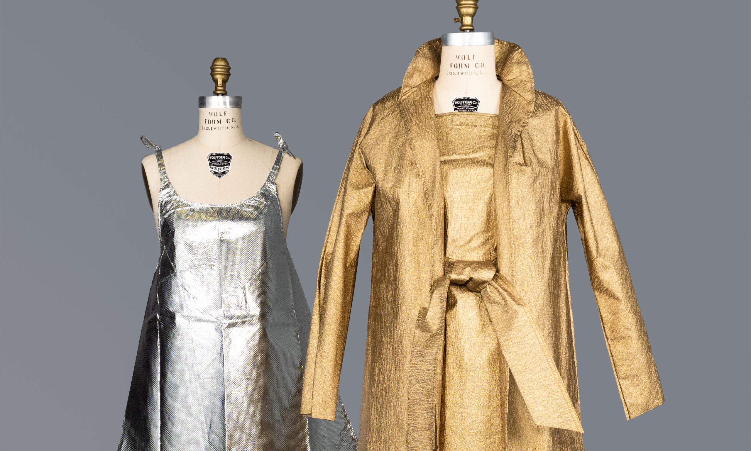 (Left to right) Jewel Tea Company, Coat, Dress, and Belt, 1966. Lustre-Weave 100% non-woven polyethylene. Collection of Phoenix Art Museum, Gift of Cathy Beardsley; Unknown, Dress, 1960s. 90% rayon and 5% metalized polyester. Collection of Phoenix Art Museum, Promised gift of Kelly Ellman. Image © Phoenix Art Museum.