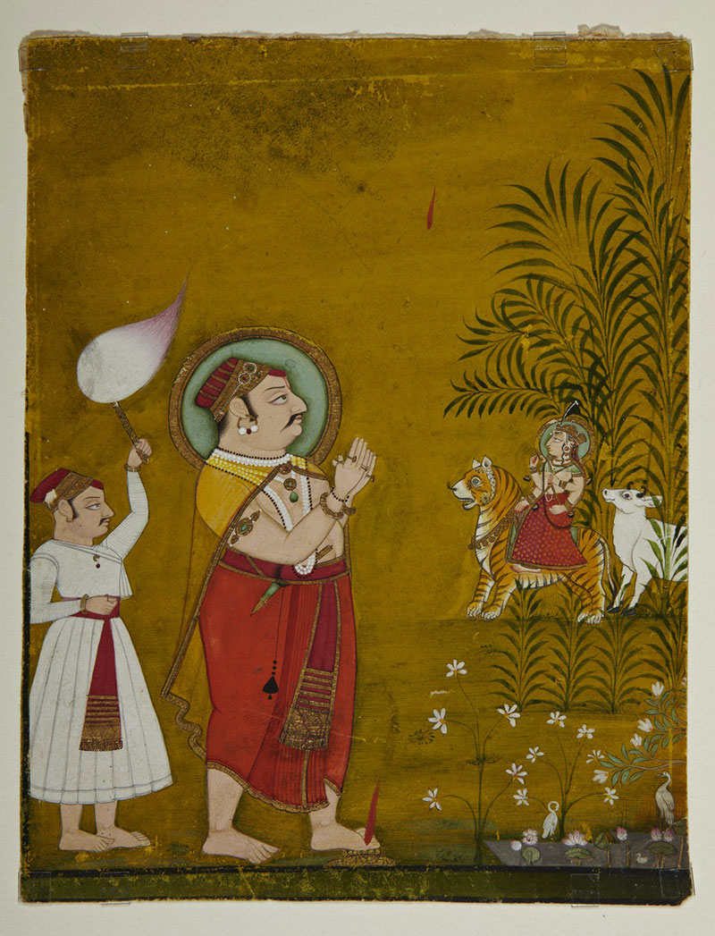 Unknown, Hefty Raja with Attendant, Durga on Tiger, and Two Red Blobs of Shiva's "Spit" in Sky and on His Foot, 19th century. Ink and color on paper. Gift of Drs. Thomas and Martha Carter.