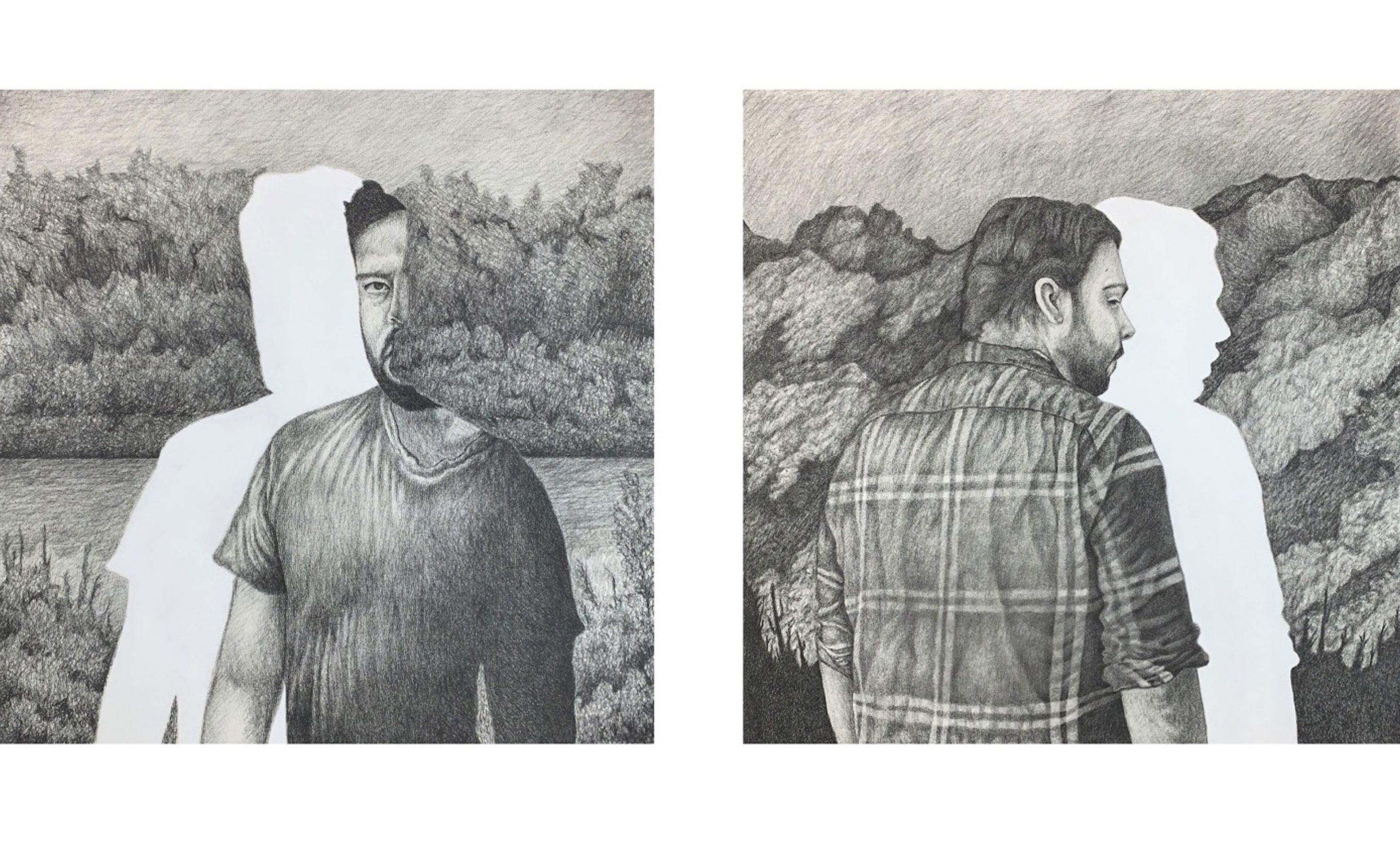 Alejandro Macias, I Traded a River for Mountains (Departure & Arrival), 2021. Graphite and acrylic on canvas. Courtesy of the artist.