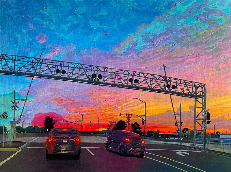 Armida Kielty, Rainbow Clouds Over Grand Ave, 2022. Oil on canvas. 40 x 30 inches. Courtesy of the artist.