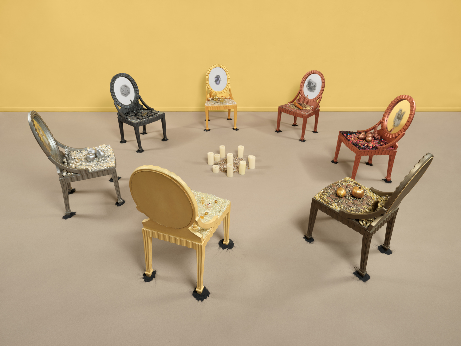 Amalia Mesa-Bains, Circle of Ancestors, 1995. Mixed media installation including candles and seven hand-painted chairs with mirrors and jewels; 168 in. diameter. Courtesy of the artist and the Rena Bransten Gallery, San Francisco.